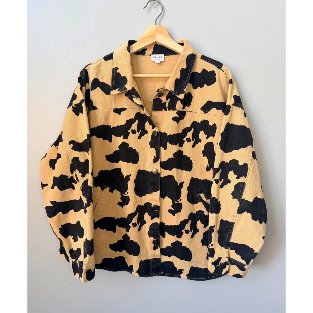 Le Lis Cow Print Denim Utility Jacket Tan Black Oversized Shacket Large